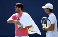Carlos Alcaraz (L) and Juan Carlos Ferrero (R) at the 2023 US Open